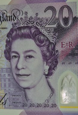 İngiliz 20 sterlin banknot kapanışı. Kraliçe II. Elizabeth 'in Portresi.