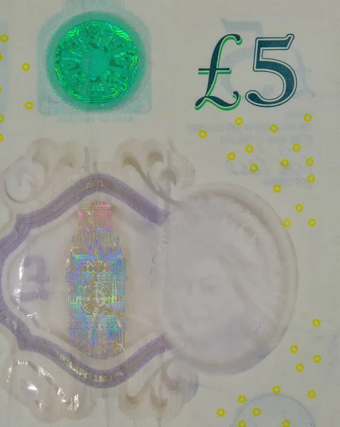 Британские Пять Фунтов Стерлингов Фрагмент Банкноты Крупным Планом Белом — стоковое фото