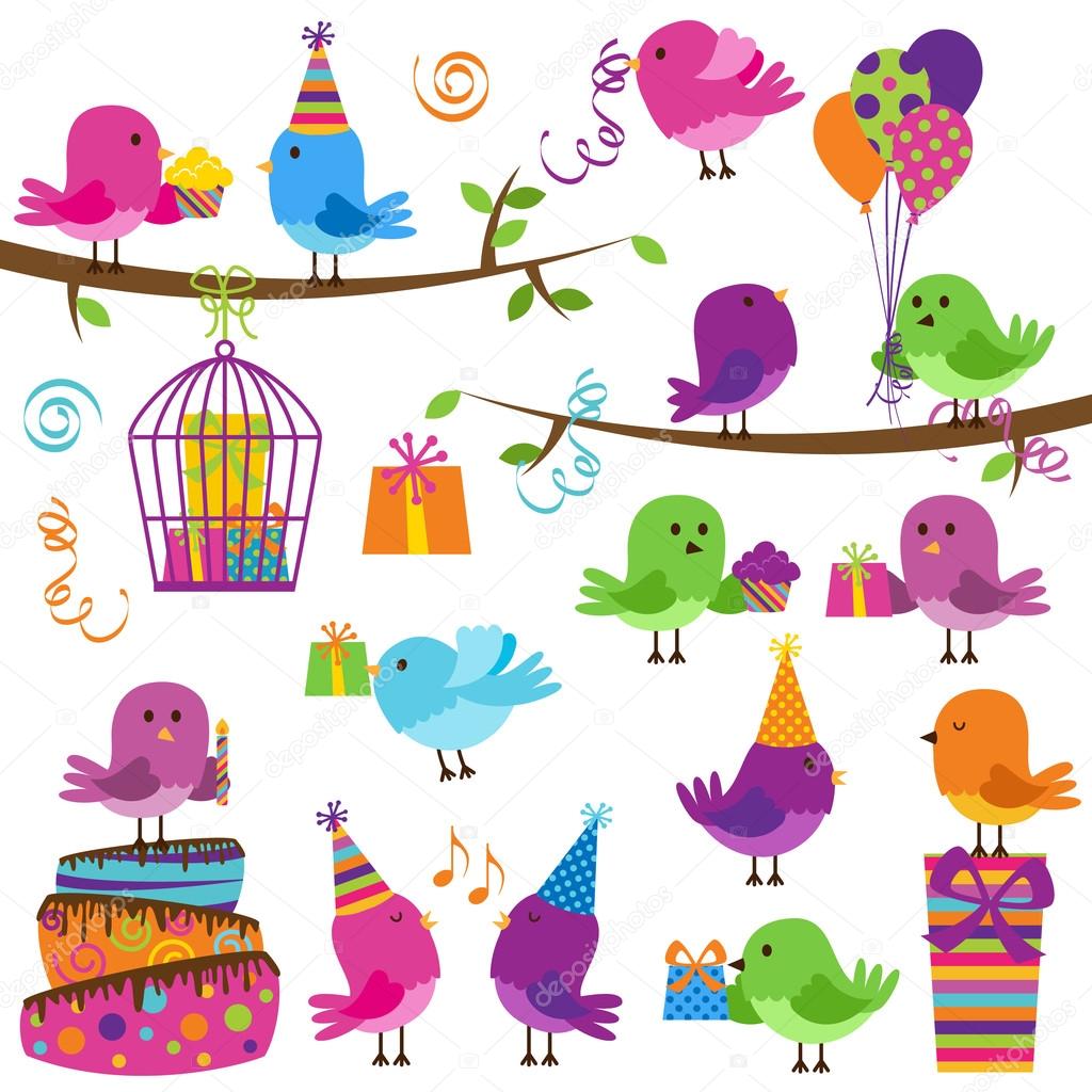 Vector Set of Cute Party Themed Birds