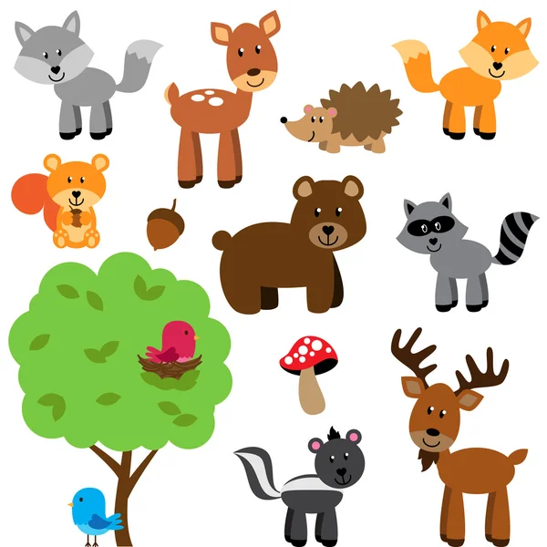 Conjunto de vectores de bosques lindos y animales forestales — Vector de stock