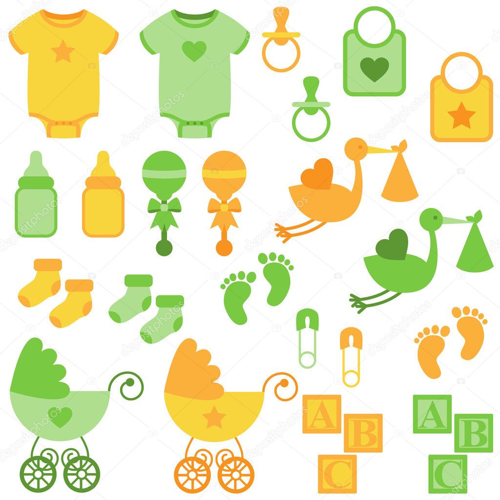 Vector Set of Neutral Colored Baby Items and Symbols