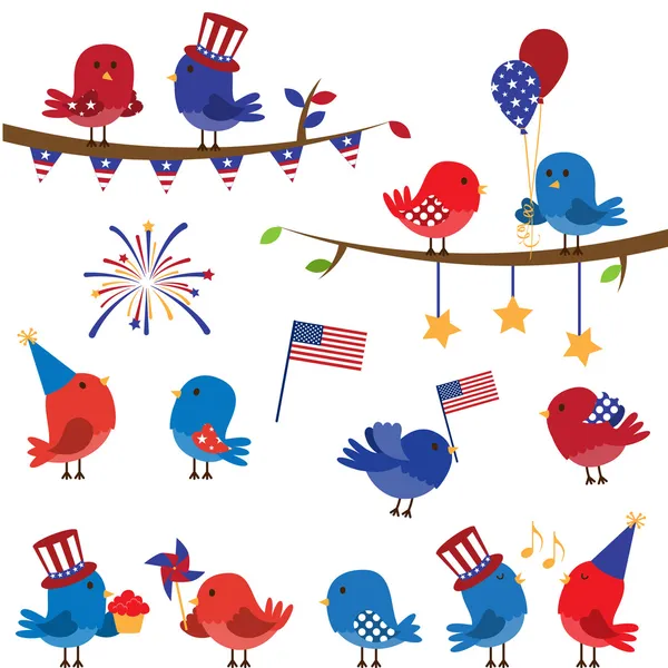 Set of Patriotic Fourth of July Themed Cartoon Birds — Stock Vector