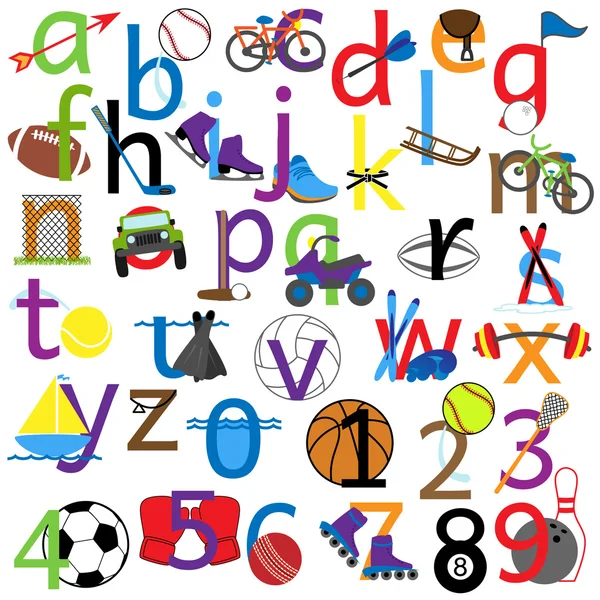 Lowercase and Numbers Sports Alphabet — Stock Vector