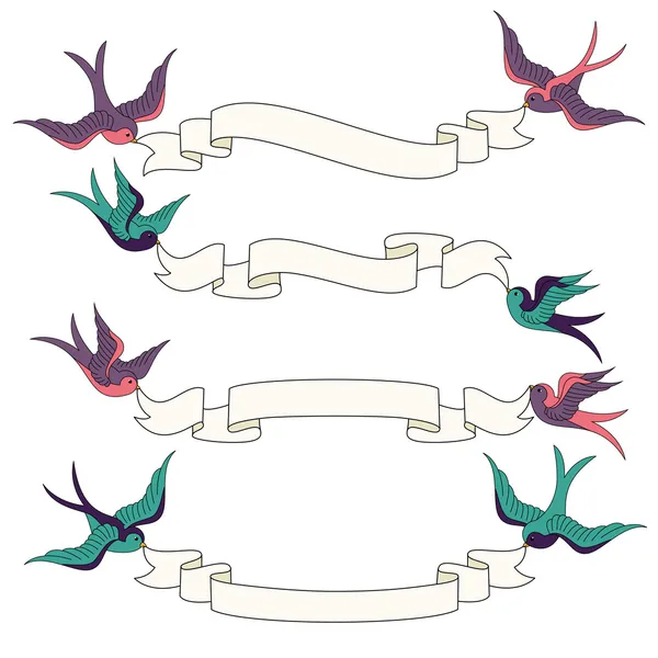 Zwaluwen vliegen met banners vector set — Stockvector