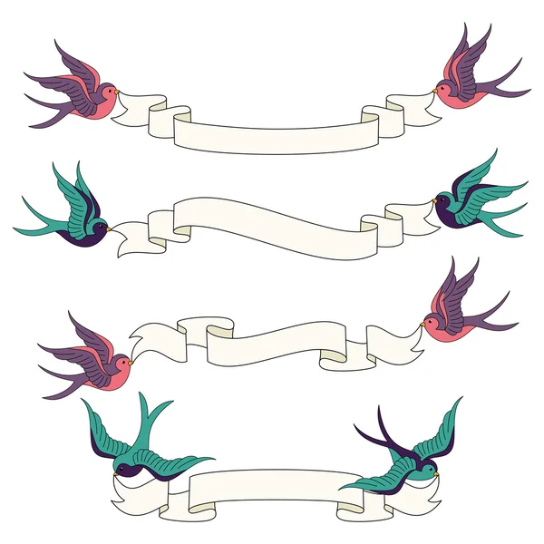 Golondrinas volando con banners conjunto de vectores — Archivo Imágenes Vectoriales