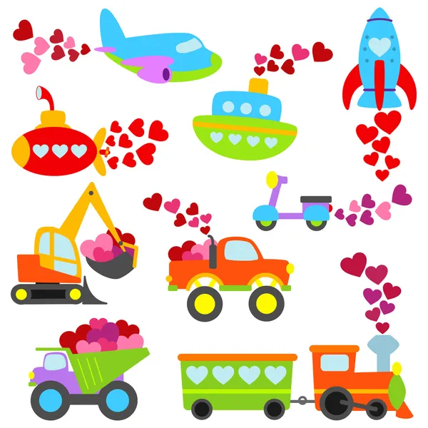 Día de San Valentín temática de dibujos animados Transporte conjunto — Archivo Imágenes Vectoriales