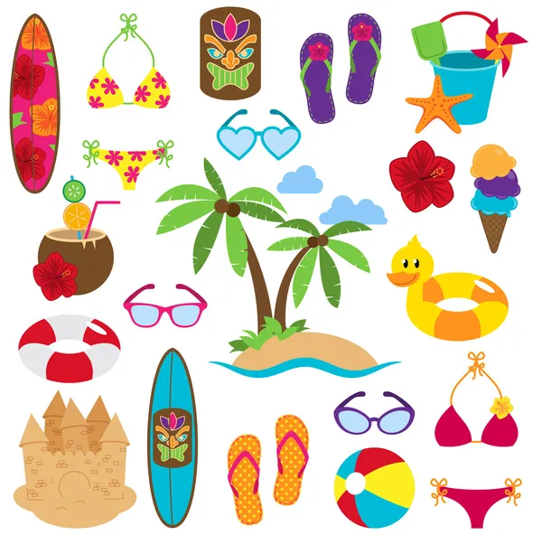 Colección vectorial de imágenes temáticas de playa y tropicales — Vector de stock