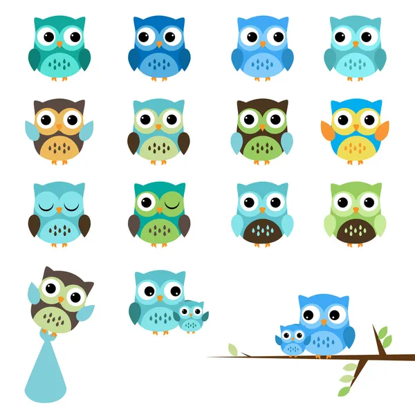 Vector Set of Boy Baby Shower Owls — Stock Vector