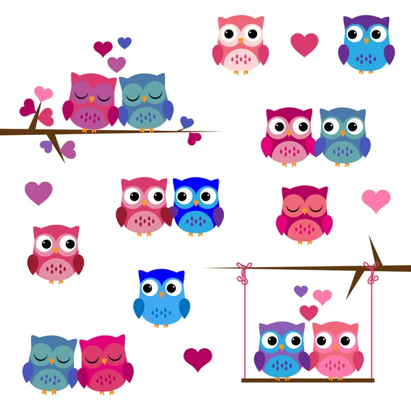 Vector conjunto de día de San Valentín o amor búhos temáticos — Vector de stock