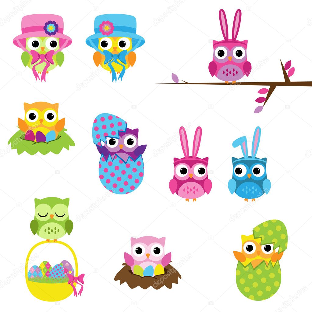 Vector Set of Easter Owls