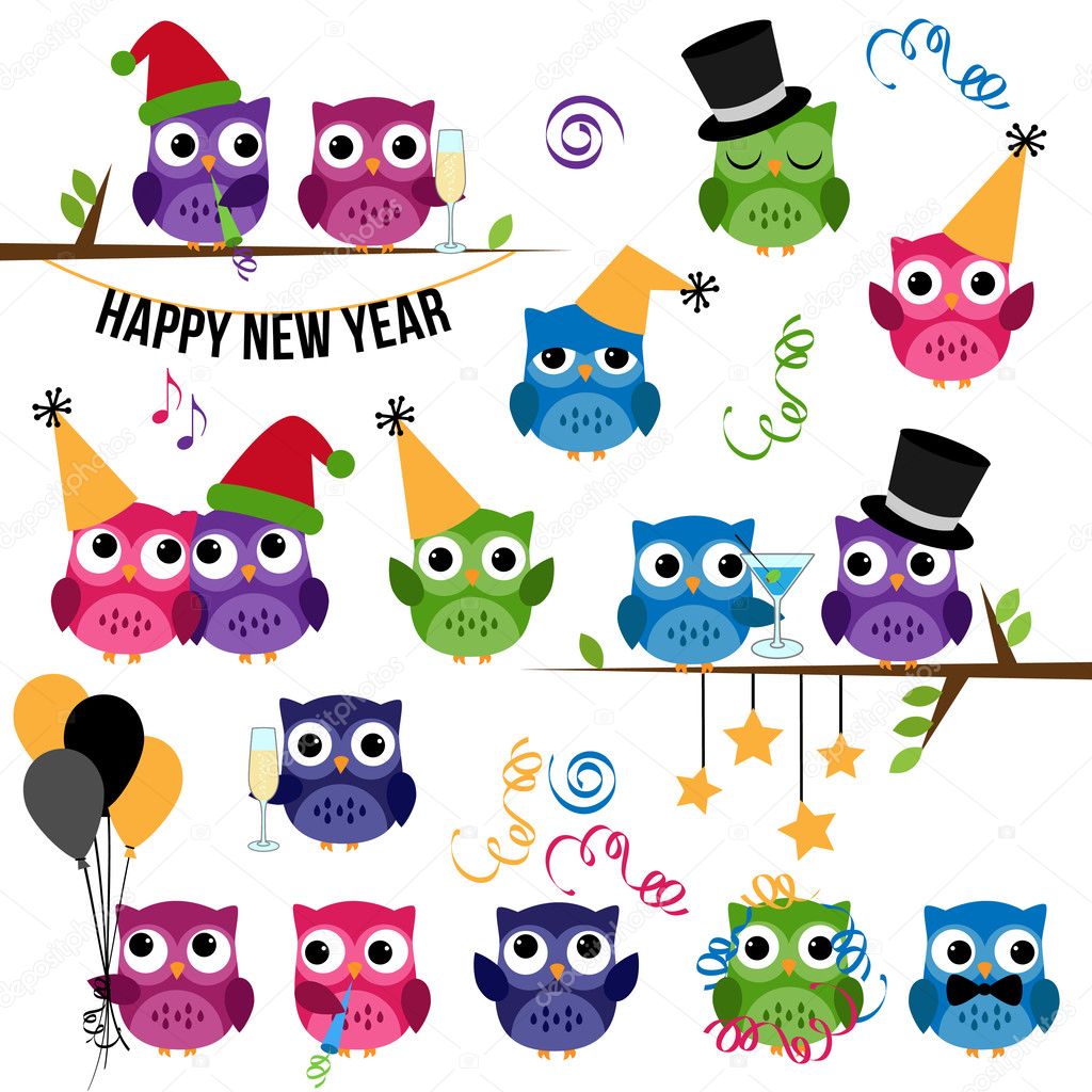 Vector Set of New Year's Celebration Themed Owls