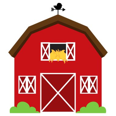 Cute Red Vector Barn with Hay, Weather Vane and Bushes clipart