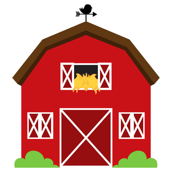 Симпатичный красный векторный сарай с сеном, метелкой и бушами
