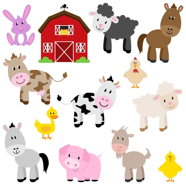 Vector Collection of Cute Cartoon Farm Animals and Barn — Stock Vector