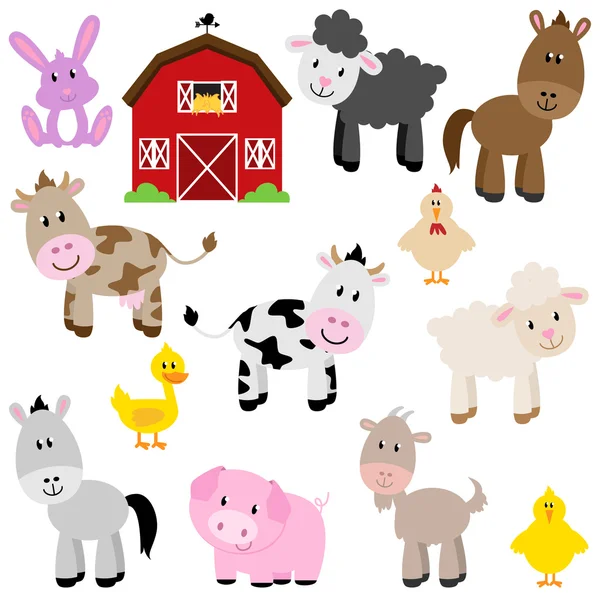 Vector Collection of Cute Cartoon Farm Animals and Barn Stock Illustration