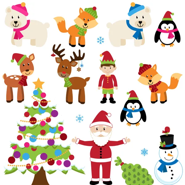 Juego de Vectores de Animales de Navidad, Santa Claus y Árbol — Vector de stock