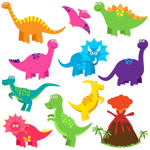 Vektorové kolekce roztomilé kreslené dinosaurů a sopka — Stockový vektor