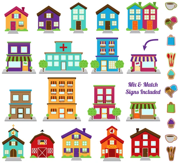 Colección vectorial de edificios de la ciudad y la ciudad, incluyendo varios signos — Vector de stock