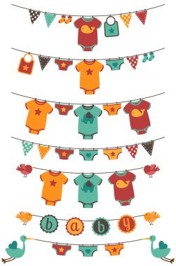 Vector Set of Baby Boy Themed Clotheslines with Storks and Birds clipart
