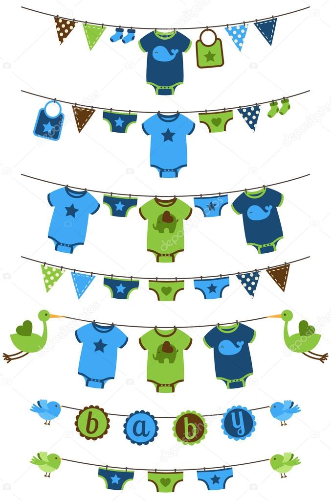 Vector Set of Baby Boy Themed Clotheslines with Storks and Birds