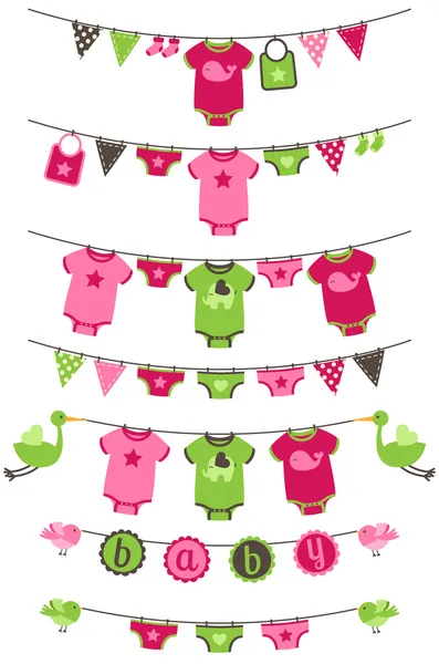 Ensemble vectoriel de cordes à linge thématiques pour bébé fille avec cigognes et oiseaux — Image vectorielle