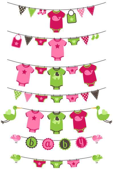 Векторный набор тематических верёвок для одежды для девочек с аистом и птицами
