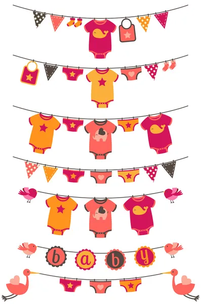 Vector Set of Baby Girl Themed Clotheslines with Storks and Birds — Stock Vector