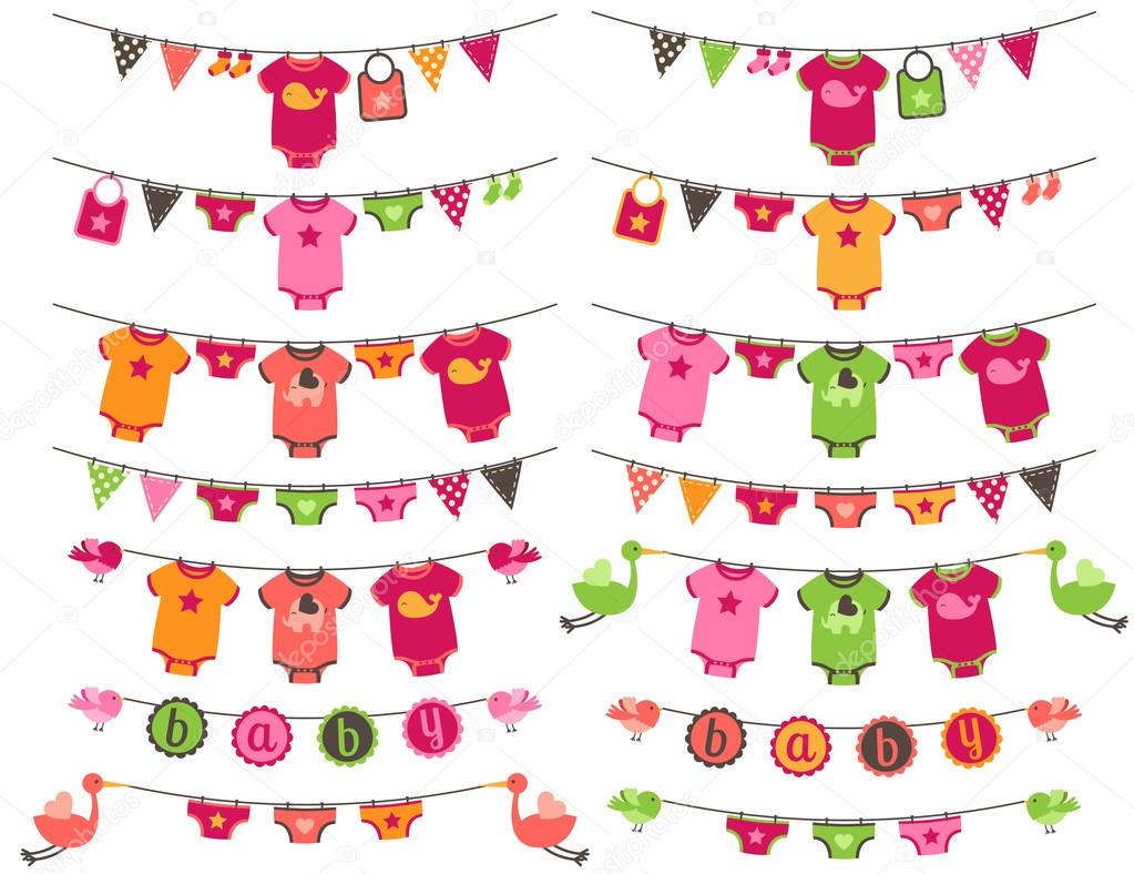 Vector Set of Baby Girl Themed Clotheslines with Storks and Birds