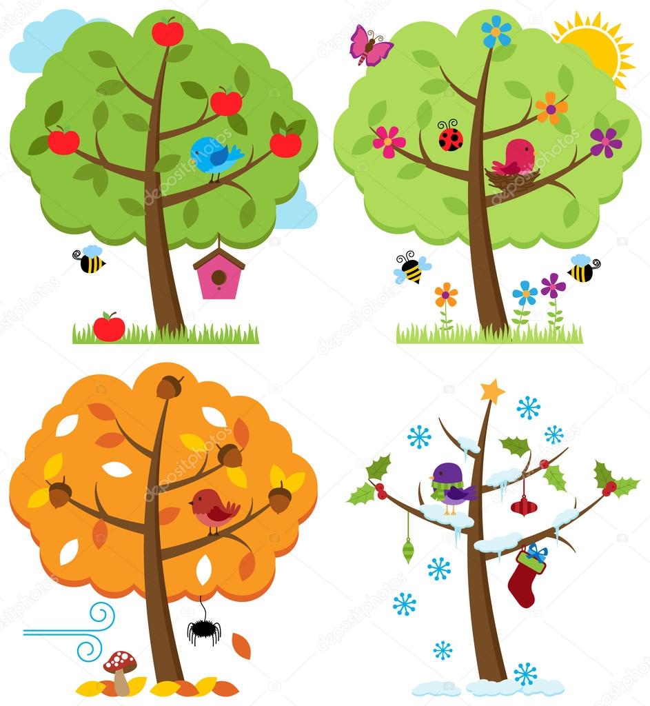 Vector Set of Four Seasons Trees with Birds