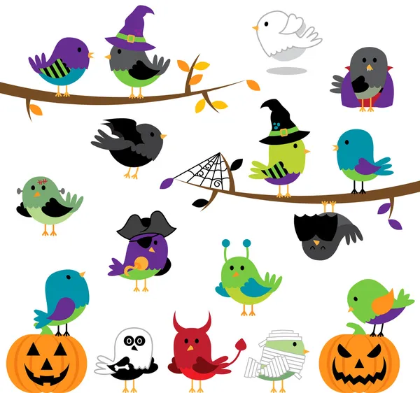 Vector Set of Halloween Themed Cartoon Birds — Stock Vector