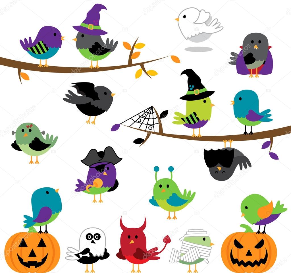 Vector Set of Halloween Themed Cartoon Birds