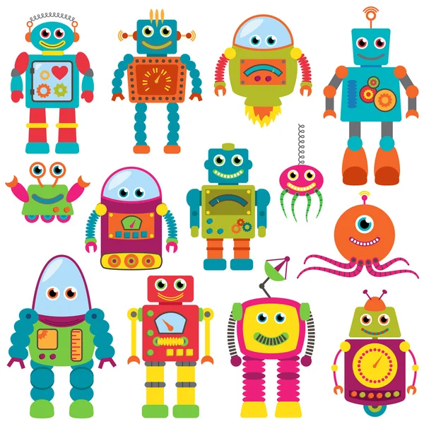 Vector collectie van kleurrijke retro robots — Stockvector