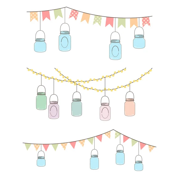 Vector Set of Hanging Glass Jar Lights and Bunting — Stock Vector