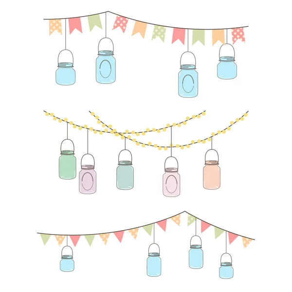 Conjunto vectorial de luces colgantes de tarro de vidrio y Bunting — Vector de stock