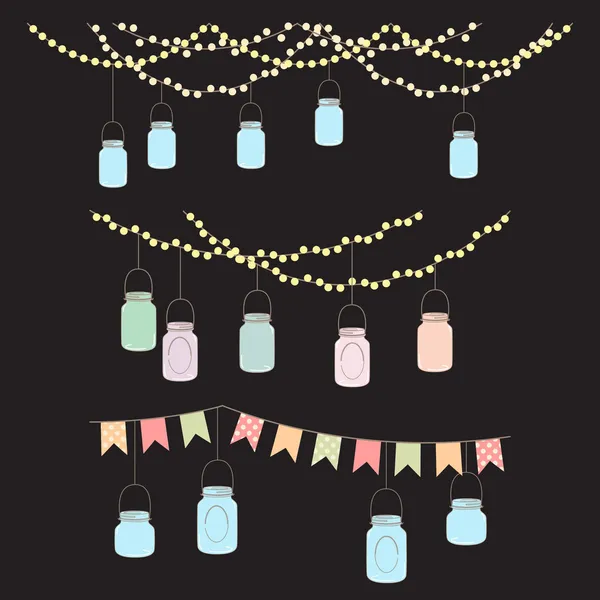 Vector Set of Hanging Glass Jar Lights and Bunting — Stock Vector