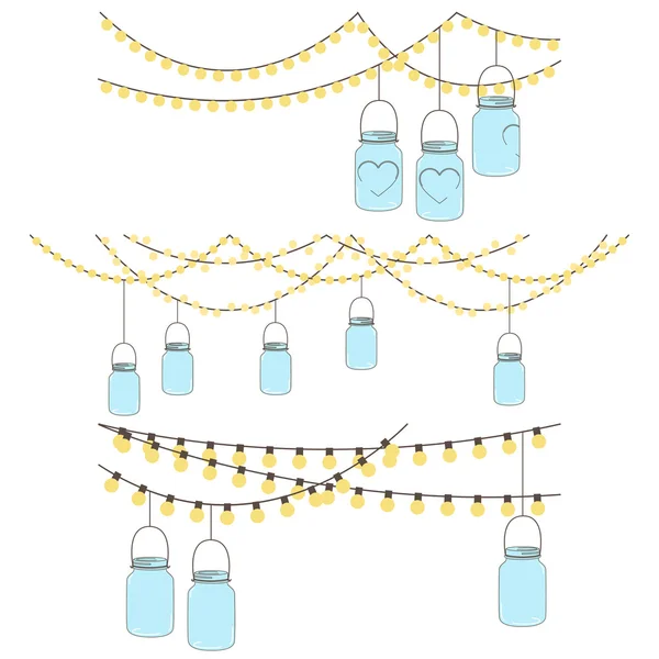 Vector Set of Hanging Glass Jar Lights and Bunting — Stock Vector