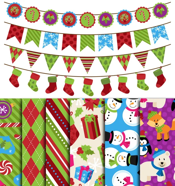 Colección vectorial de fondos temáticos de Navidad e invierno y Bunting — Vector de stock