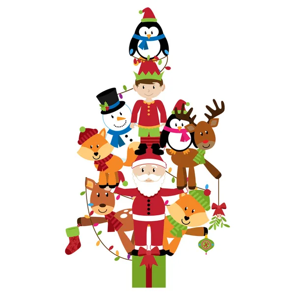 Árbol de Navidad Vector con Santa Claus, Elfo y Animales — Archivo Imágenes Vectoriales