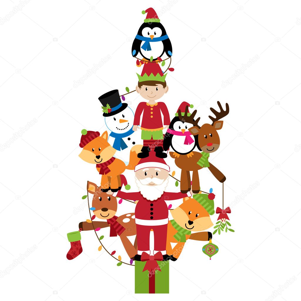 Vector Christmas Tree with Santa Claus, Elf and Animals
