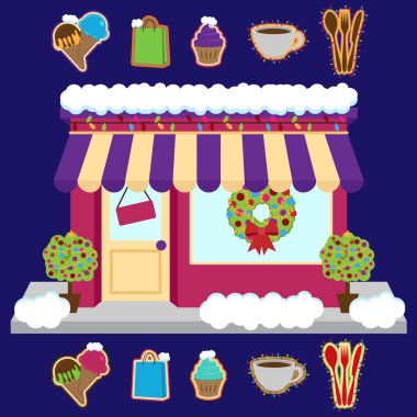 Vector Snow Covered Shop or Business Decorated for Winter and Christmas clipart