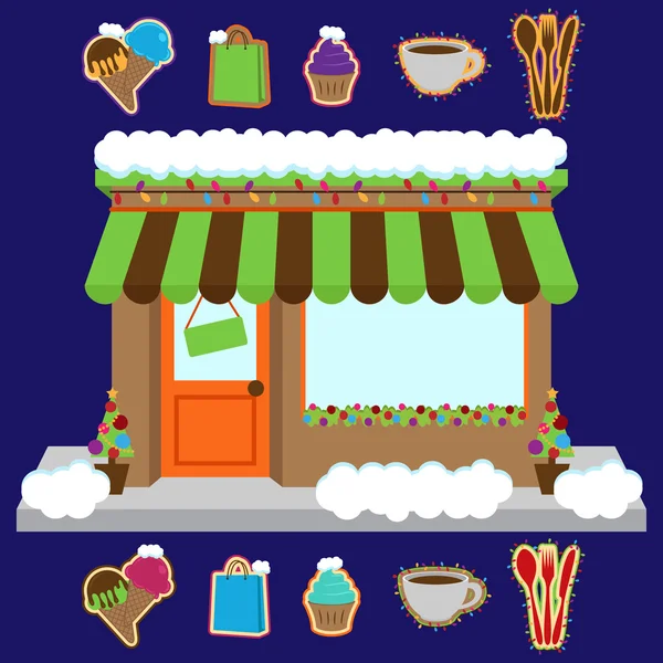 Tienda cubierta de nieve vectorial o negocio decorado para invierno y Navidad — Archivo Imágenes Vectoriales