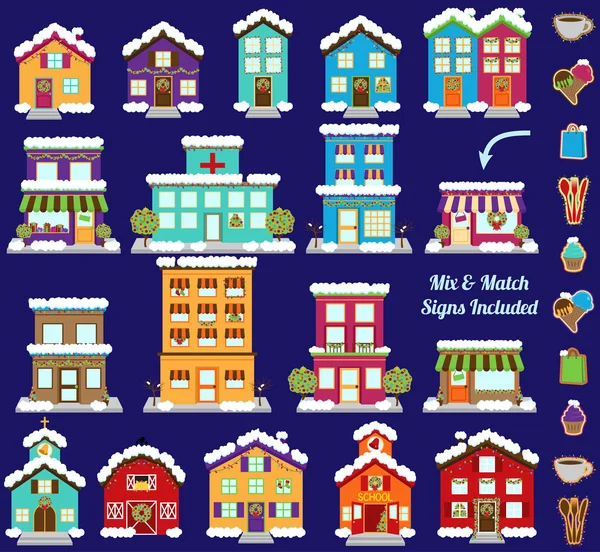 Collection of Vector Christmas or Winter City and Town Buildings with Mix and Match Signs — Stock Vector