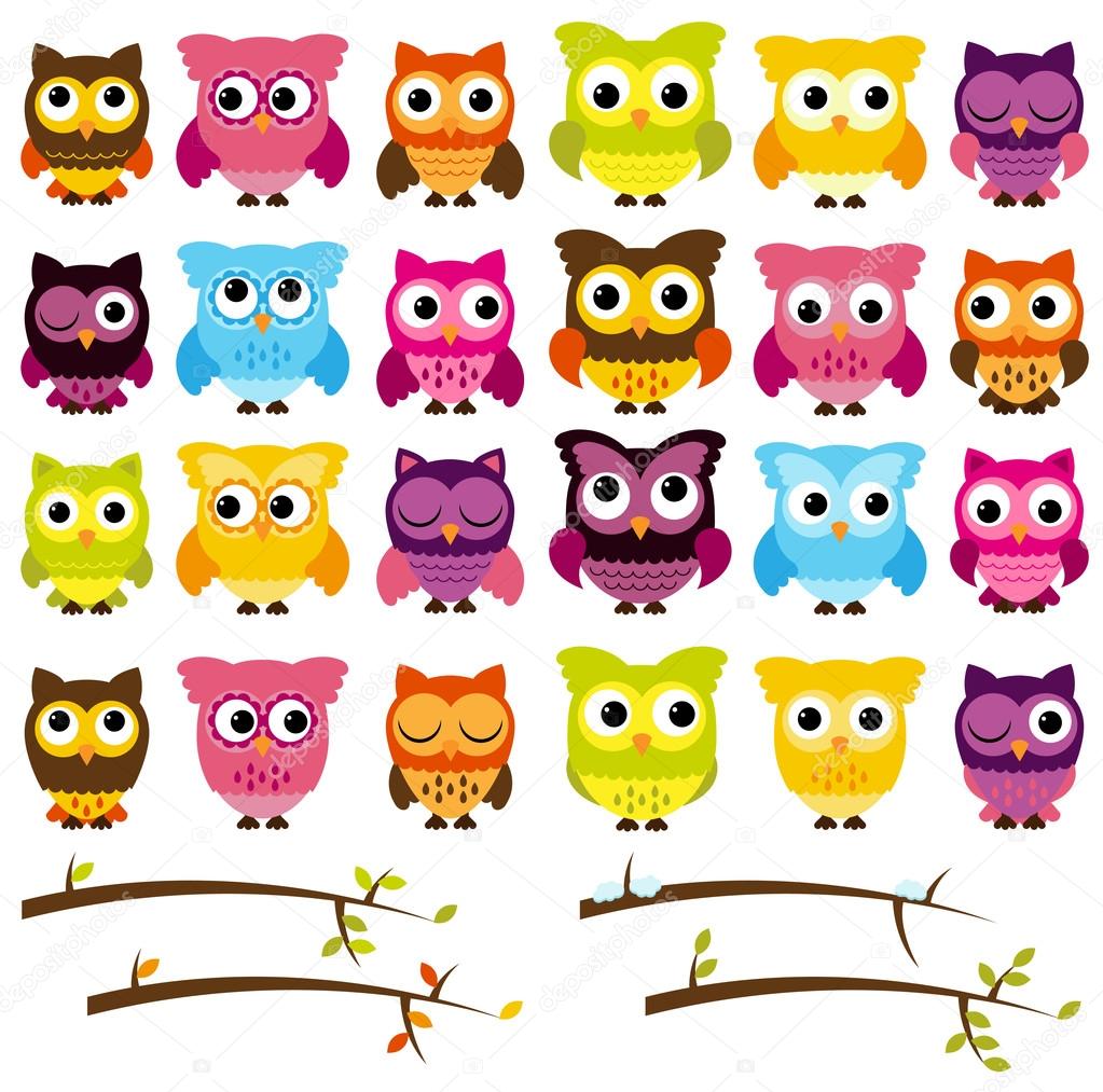 Vector Collection of Cute Owls and Seasonal Branches