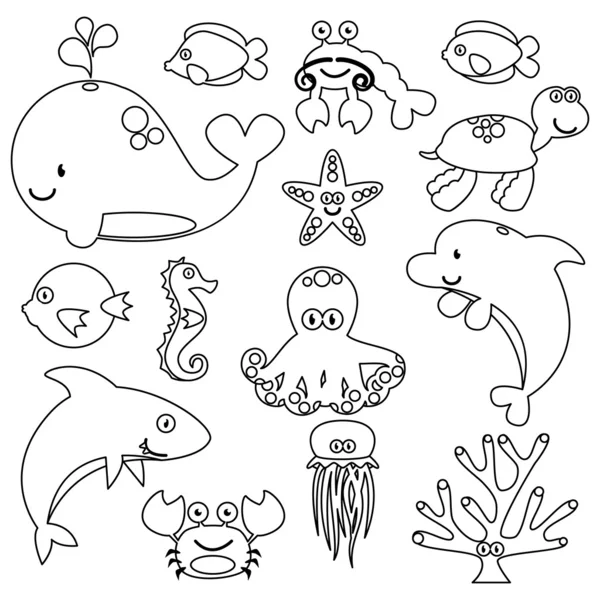 Vector Set of Cute Sea Creature Line Art — Stock Vector