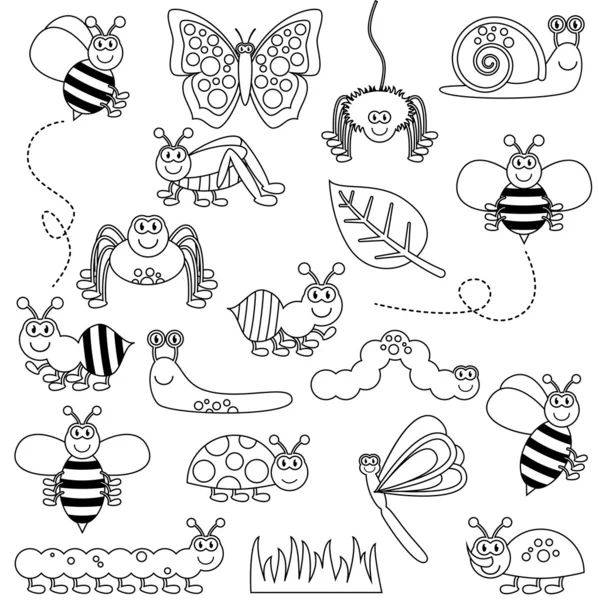 Large Vector Set of Cute Cartoon Bug Line Art — Stock Vector