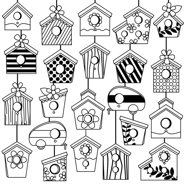 Vektor uppsättning söta line art birdhouses — Stock vektor