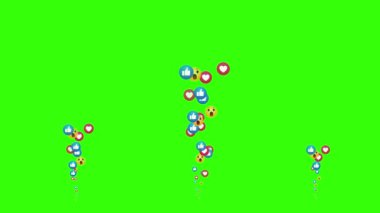 Sosyal medya ikonu animasyonu. Başparmak yukarı (gibi), kalpler ve emoji - sosyal medya canlı video yeşil arka planda izole. Ağ pazarlaması. Başvuru reklamı. 4K