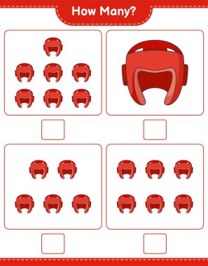 Maç sayısı, kaç tane boks kaskı. Eğitimsel çocuk oyunu, yazdırılabilir çalışma tablosu, vektör illüstrasyonu