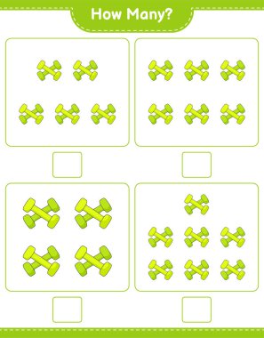 Oyun sayıyorum, kaç tane Dumbbell. Eğitimsel çocuk oyunu, yazdırılabilir çalışma tablosu, vektör illüstrasyonu