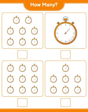 Maç sayıyorum, kaç tane Stopwatch var. Eğitimsel çocuk oyunu, yazdırılabilir çalışma tablosu, vektör illüstrasyonu